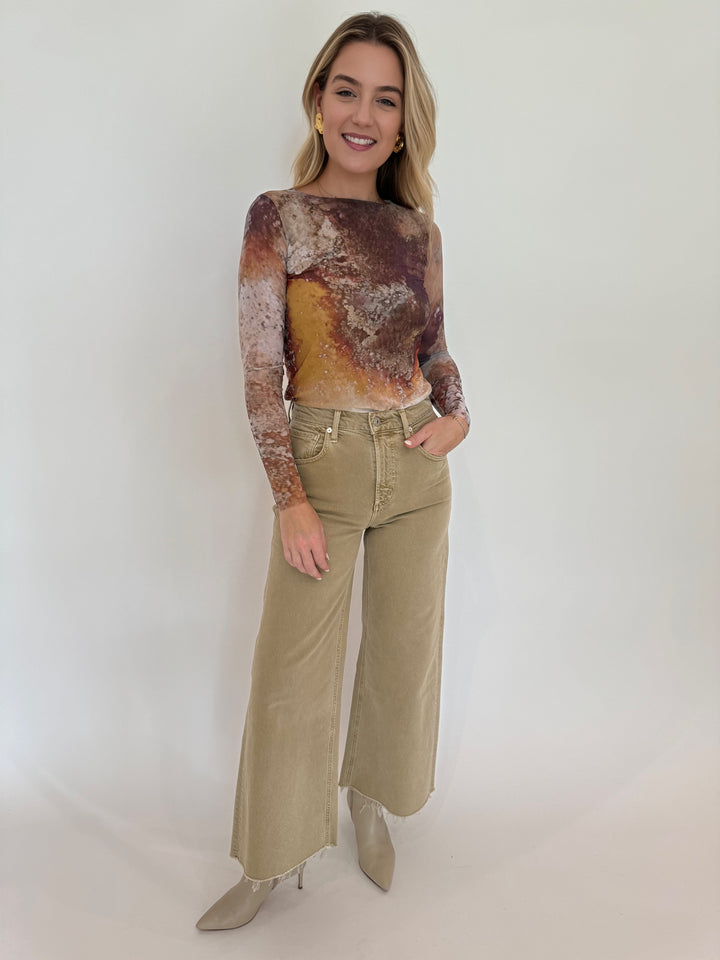 AMB Florence Double Sheer Top in Cavely paired with Citizens of Humanity Lyra Crop Wide Leg Jeans in Porcini available at Barbara Katz