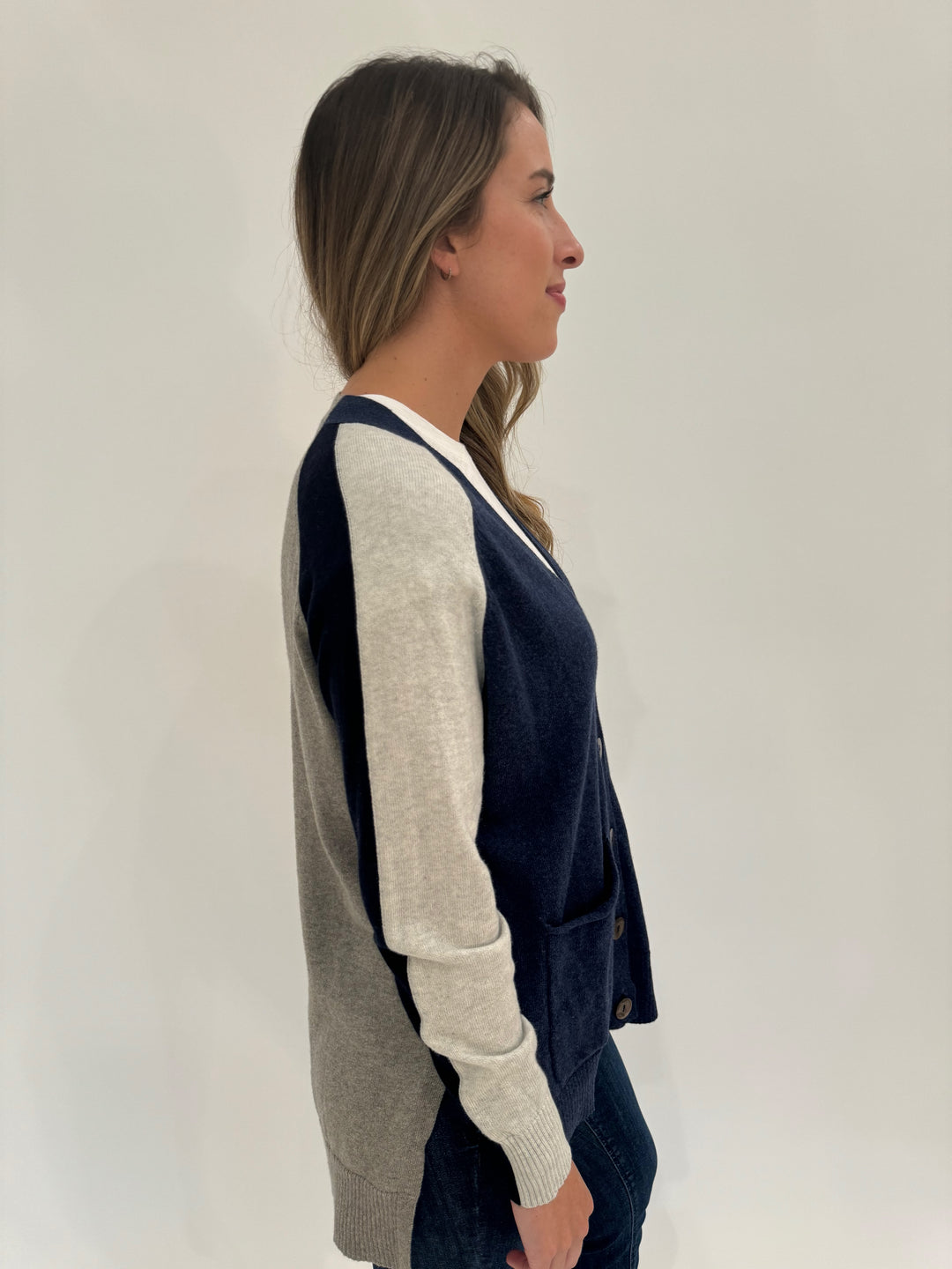 Zaket & Plover College Long Sleeve Cardigan in Denim available at Barbara Katz