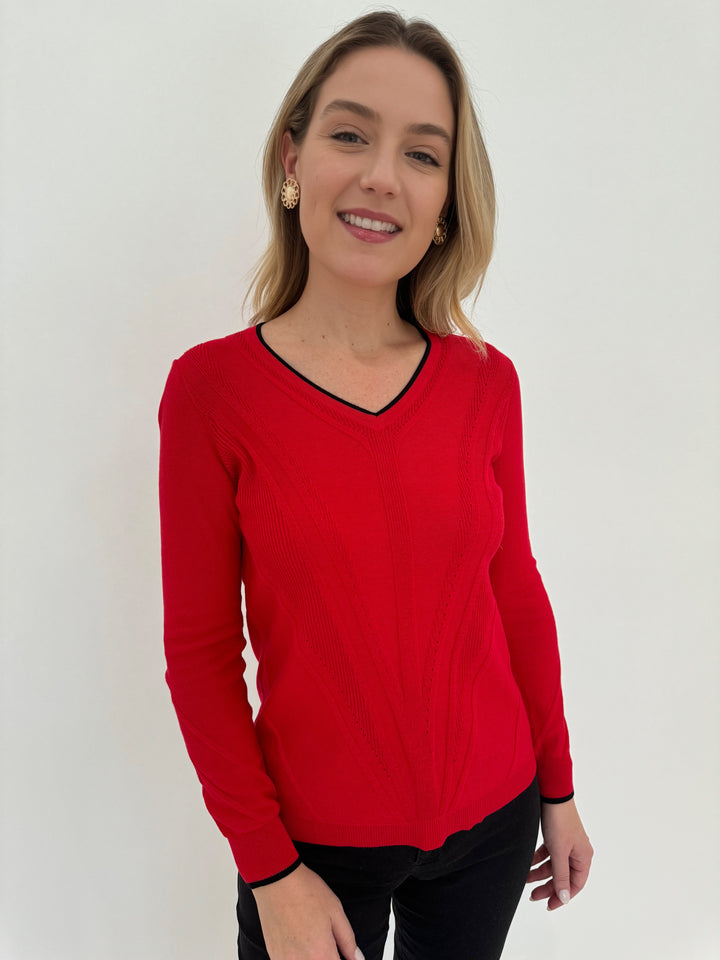 Peace of Cloth Tipped V-Neck Sweater in Red