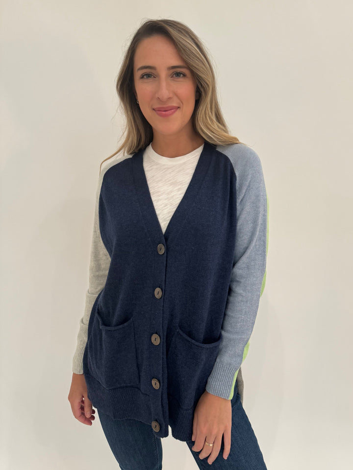 Zaket & Plover College V-Neck Cardigan in Denim available at Barbara Katz