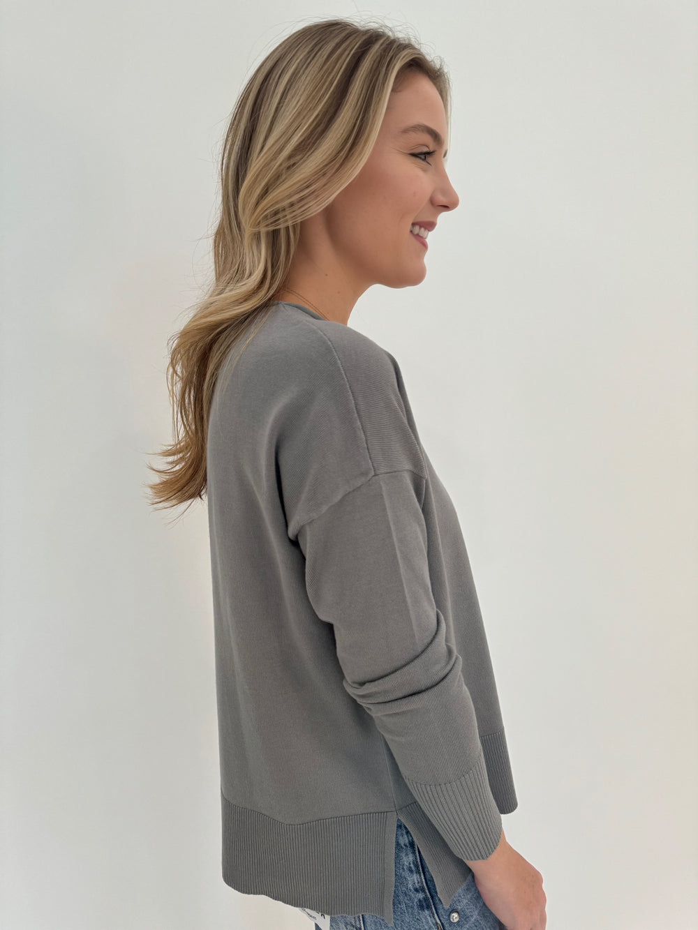 BK Stella Roll Crew Neck Long Sleeve Sweater in Wild Dove Grey available at Barbara Katz