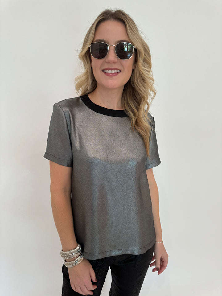 Elliott Lauren Slinky Metallic Tee in Silver with BK Silver Cobra Cuff and Bracelet, Le Specs Neptune Deux Sunglasses - all available at Barbara Katz