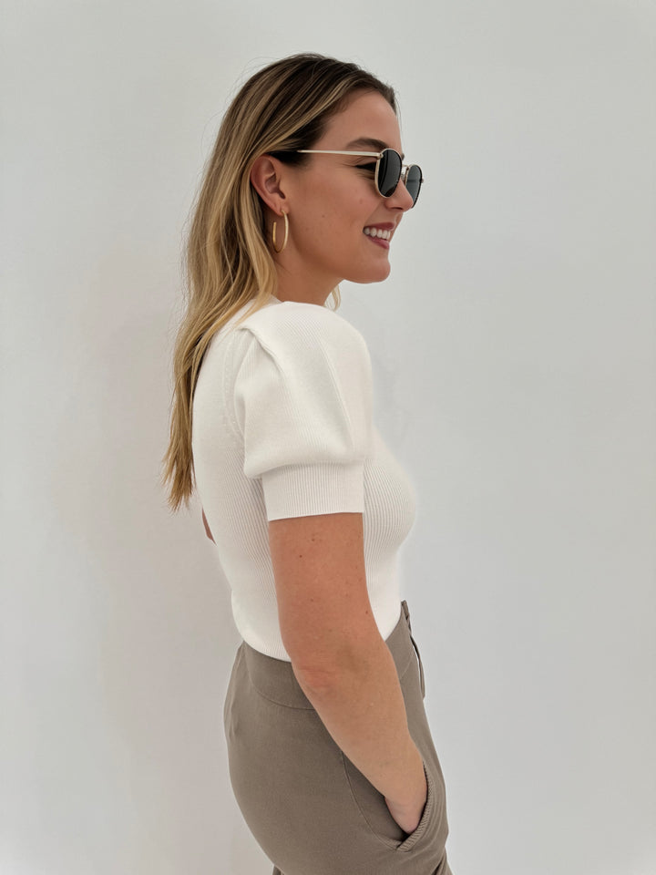 Marella Anfora Short-Sleeve Sweater in White paired with Max Mara Pila Sweatpants, Le Specs Neptune Sunglasses