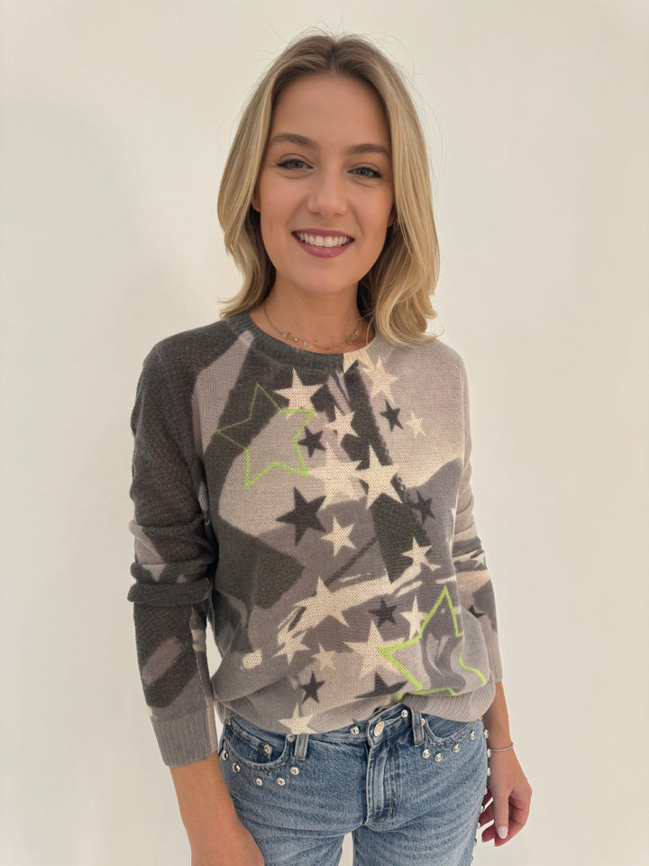 Lisa Todd Solar Power Cashmere Star Print Crew Sweater in Mid Grey available at Barbara Katz