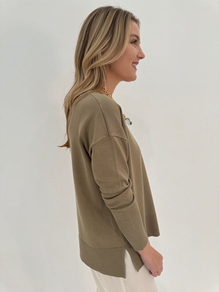 BK Selena Roll V-Neck Long Sleeve Sweater in Fog available at Barbara Katz