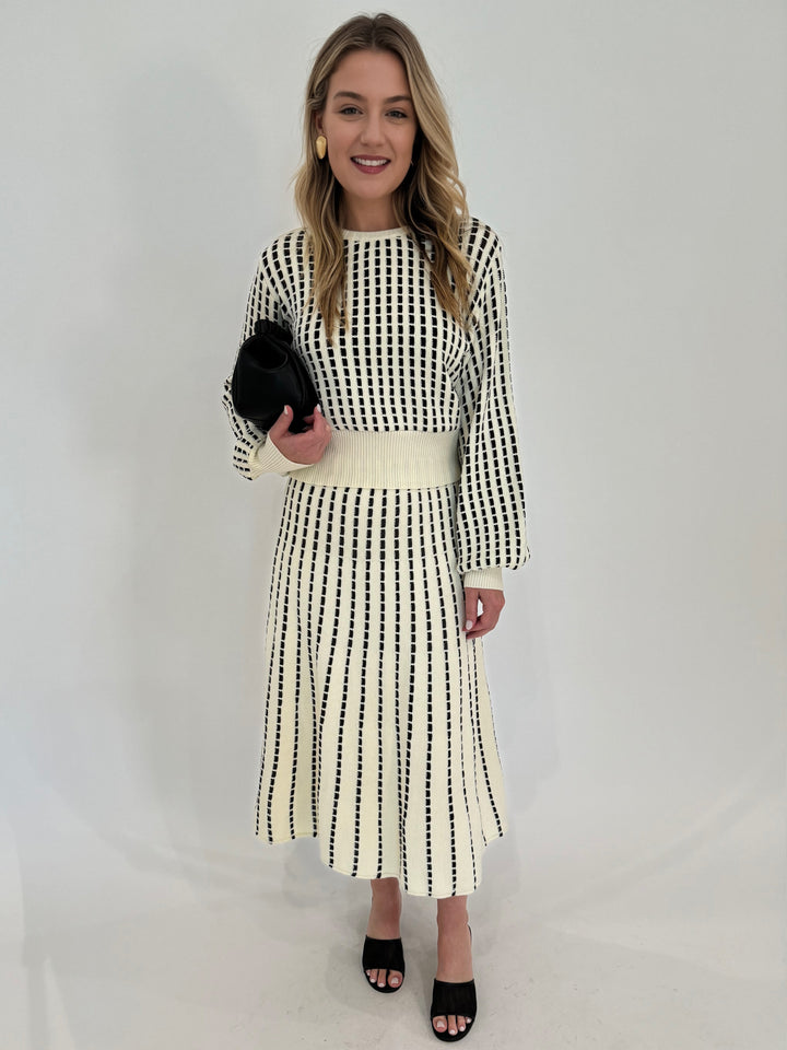 Maria Pavan Aurora Balloon Sleeve Top in White and Black paired with matching Midi Skirt available at Barbara Katz