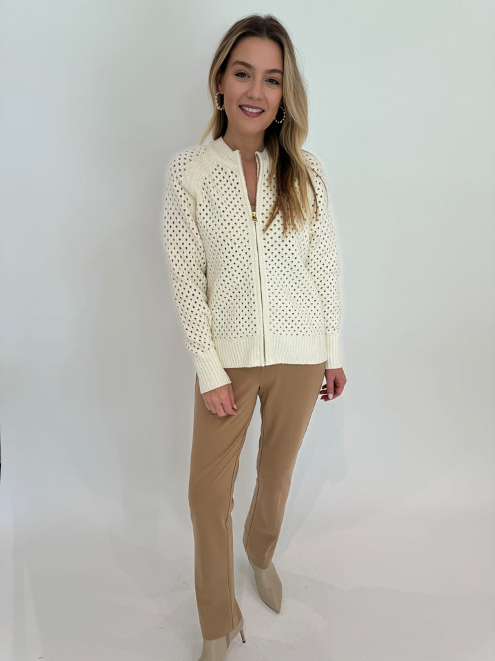 Varley Marta Boucle Knit Jacket in Coconut Milk paired with Peace of Cloth Jules Paramount Trousers in Cork