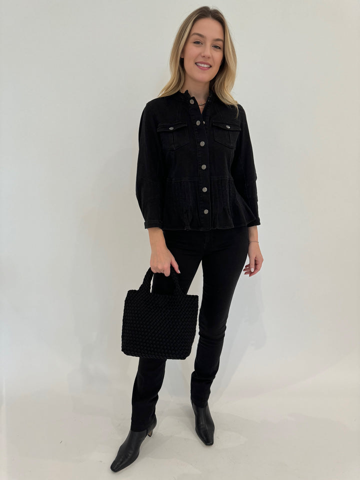 Peace of Cloth Denim Stitch Band Collar Jacket in Black paired with Denim Jean in Black and Sol and Selene Sky's Small Bag in Black