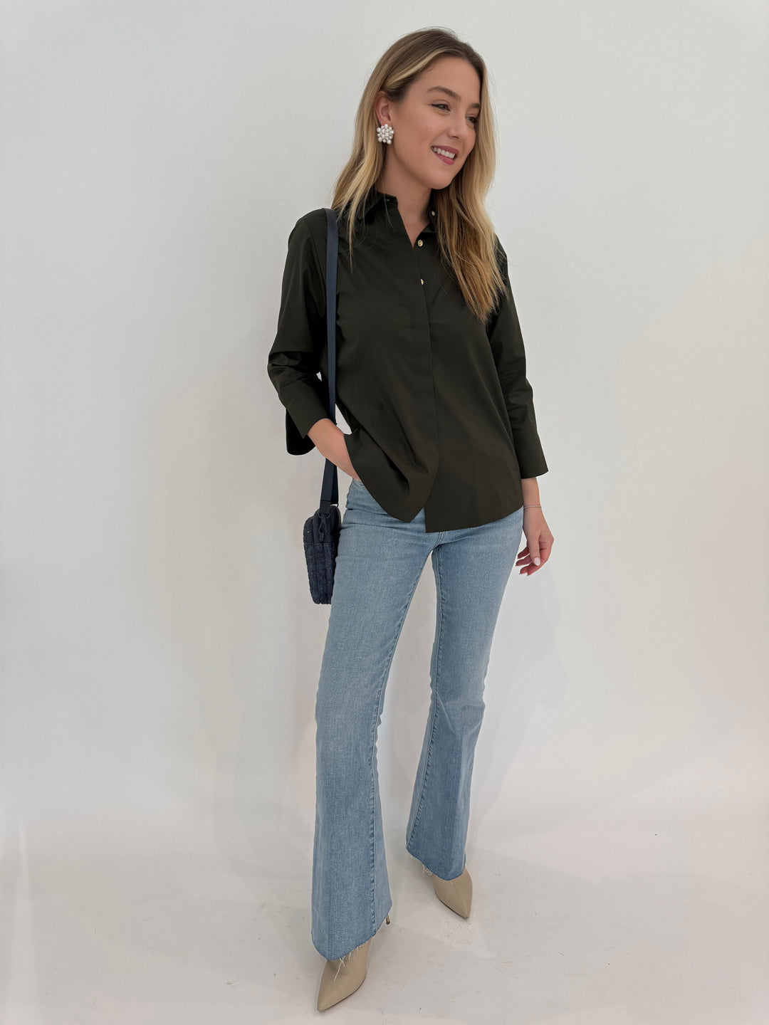 Hinson Wu Xena 3/4 Sleeve Zip Back Shirt in Oregano paired with Frame Le Easy Flare Raw Fray Jeans