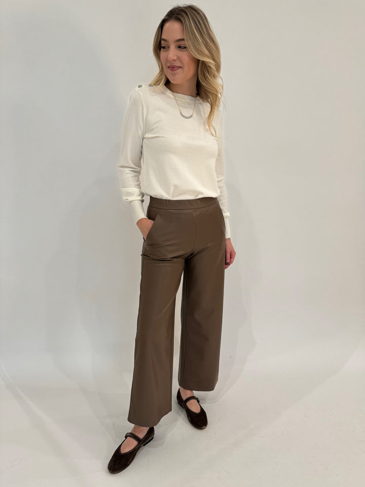 Elliott Lauren Top It Off Button Sleeve Sweater in White paired with MAC Palina 6/8 Pants in Nut available at Barbara Katz