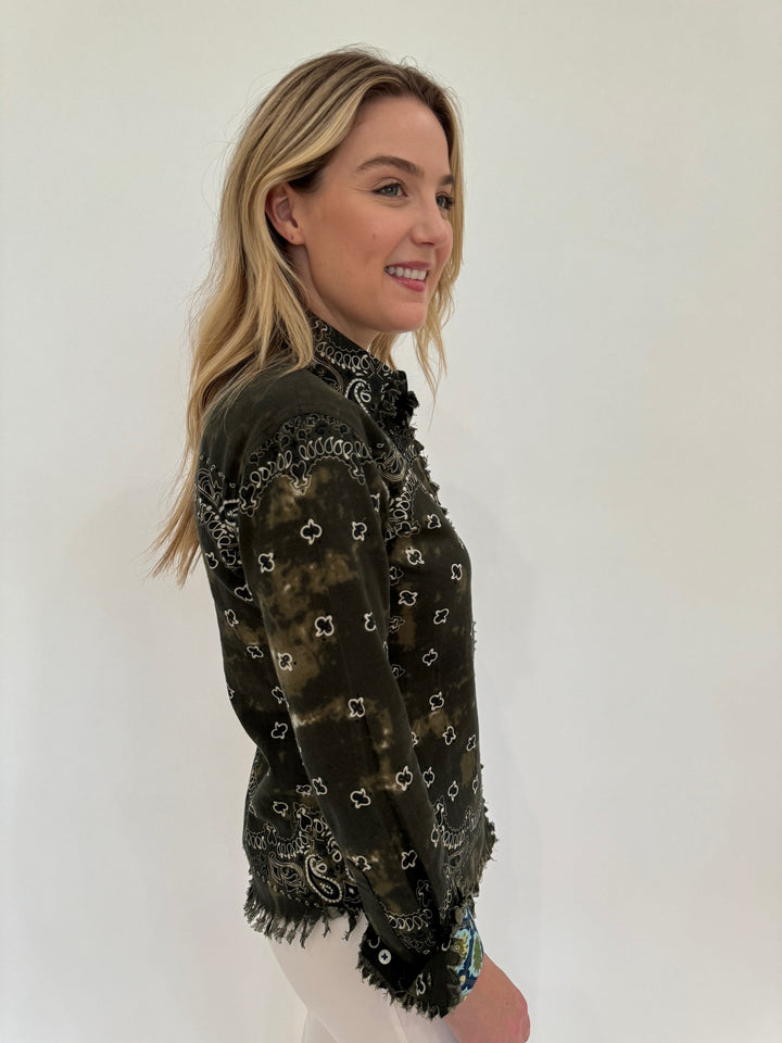 Dizzy-Lizzie Cape Cod Frayed Long Sleeve Shirt Olive Green Bandana Print available at Barbara Katz