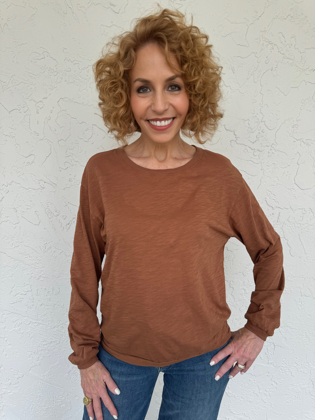 A chestnut colored Elliott Lauren Balloon Sleeve Tee made of 100% cotton, with long sleeves, round neck, and ribbed trims. Perfect for casual wear. #elliottlauren #longsleeves #tee