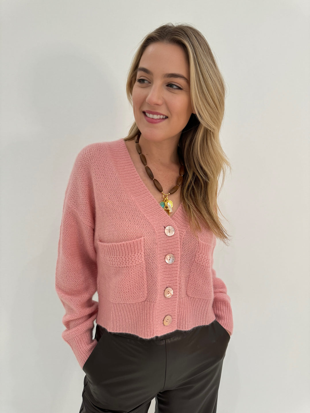 Colorush Amara Lolas Cropped Bomber Cardigan in Tea Rose paired with Raffaello Rossi Palina 6/8 Pants in Tabak available at Barbara Katz