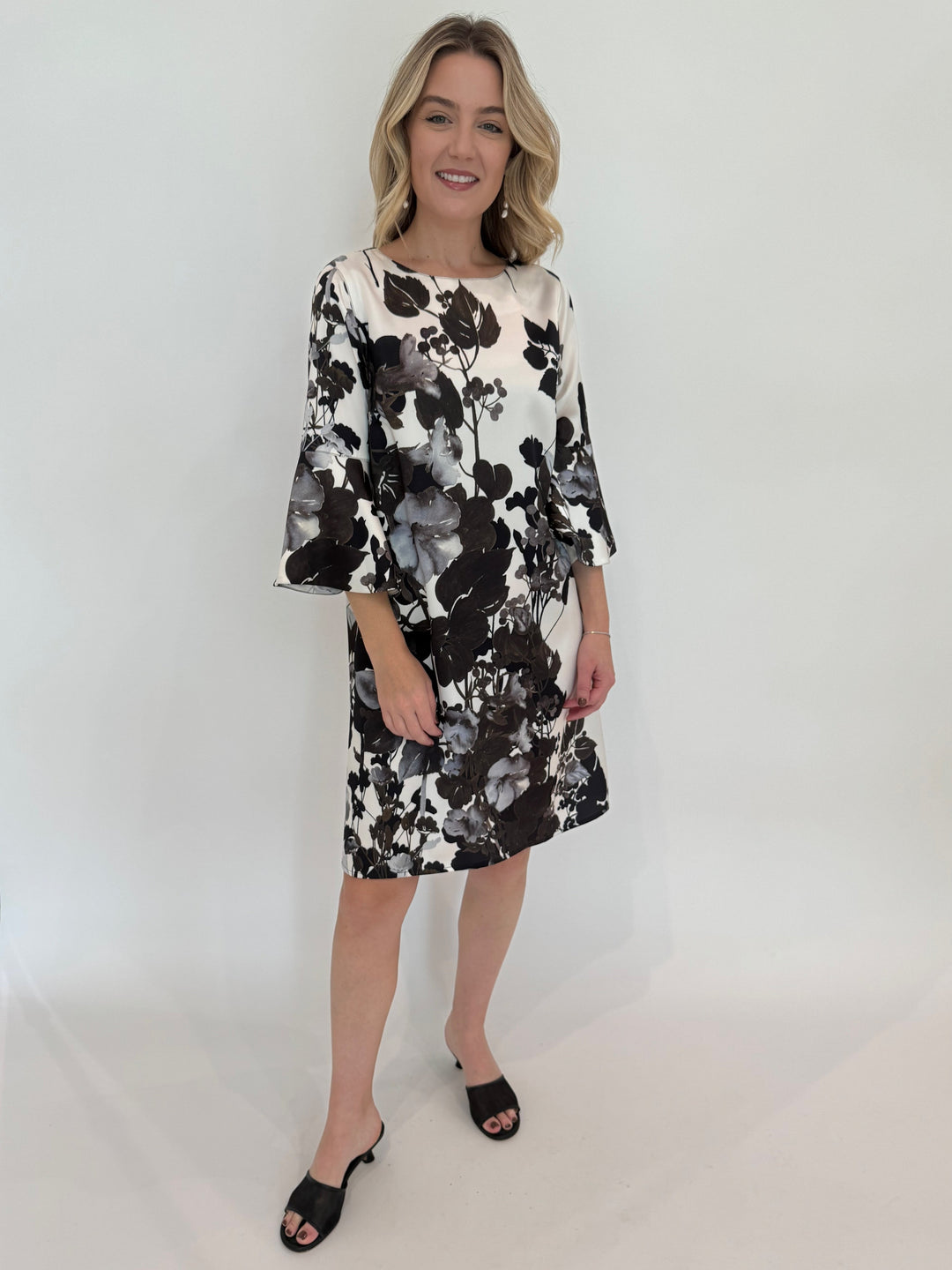 Caroline Rose Bella Floral Dress in Multi/Black paired with Lizzie Fortunato Cairo Pearl Earrings available at Barbara Katz