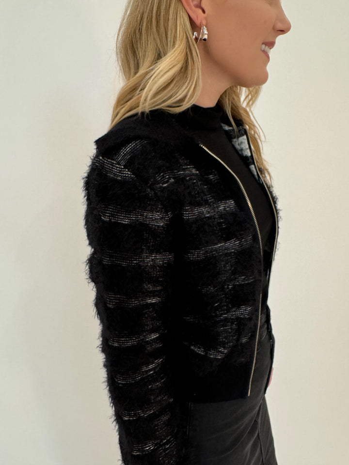 Maria Pavan Fringe Check Zip Up Long Sleeve Sweater in Black/White available at Barbara Katz