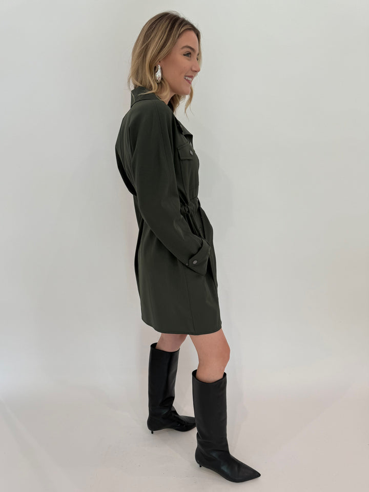 Max Mara Weekend Brioso Utility Dress in Dark Green with Alexis Bittar Silver Molten Puffy Teardrop Post Earrings available at Barbara Katz