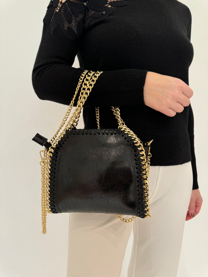 Barbara Katz Metallic Luxe Chain Leather Bag - Black