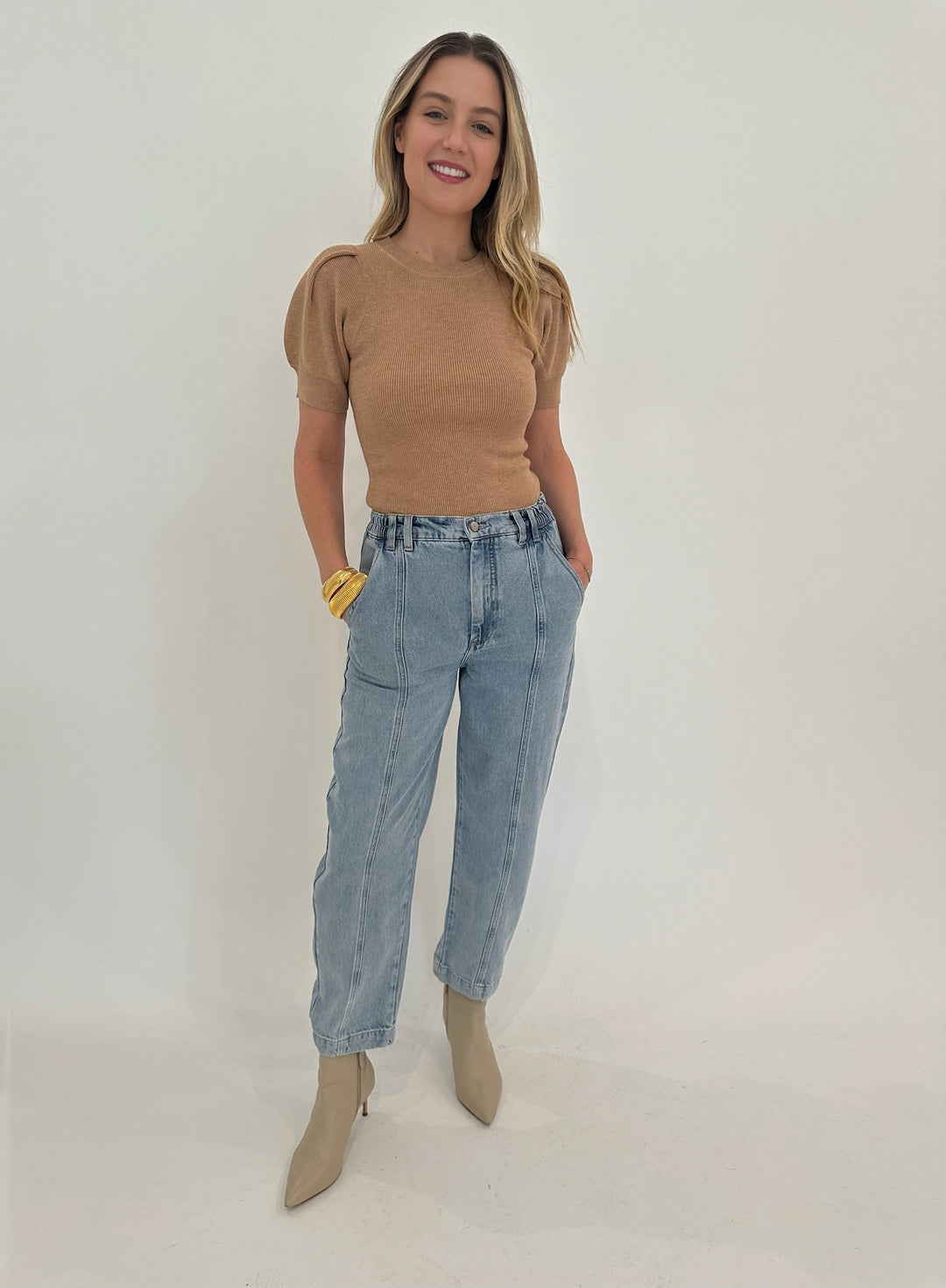 Marella Anfora Short-Sleeve Sweater in Camel paired with Pistola Court Mid Rise Relaxed Straight Denim Pants and Barbara Katz Jewelry