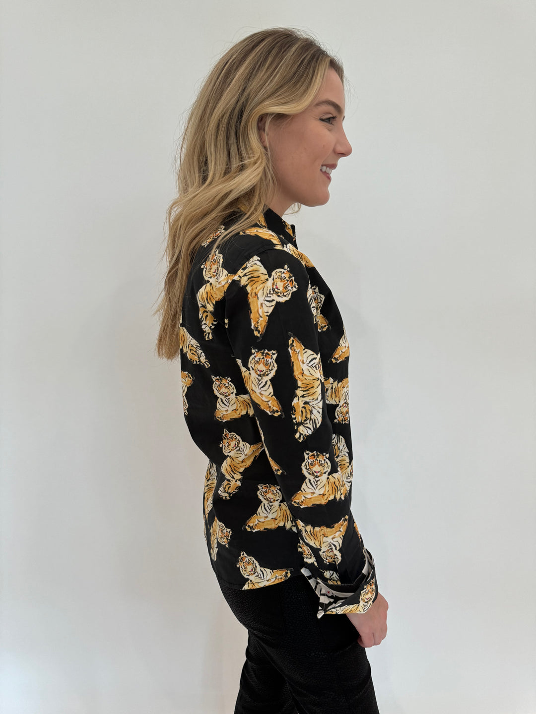 Dizzy-Lizzie Rome Long Sleeve Shirt in Black With Tiger Print available at Barbara Katz