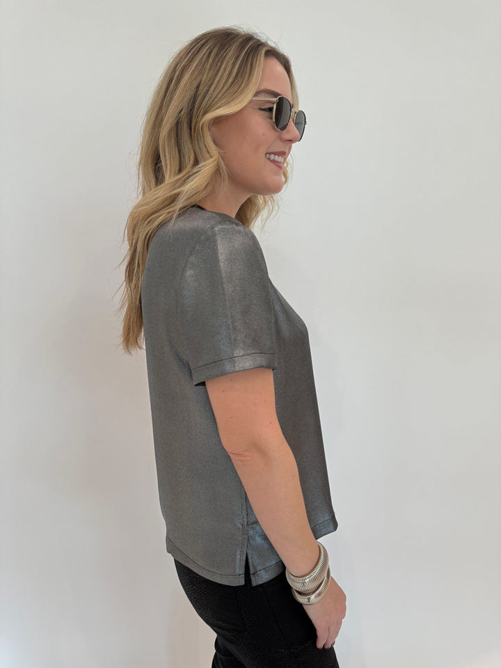 Elliott Lauren Slinky Metallic Short Sleeve Tee in Silver with BK Silver Cobra Cuff and Bracelet, Le Specs Neptune Deux Sunglasses - all available at Barbara Katz