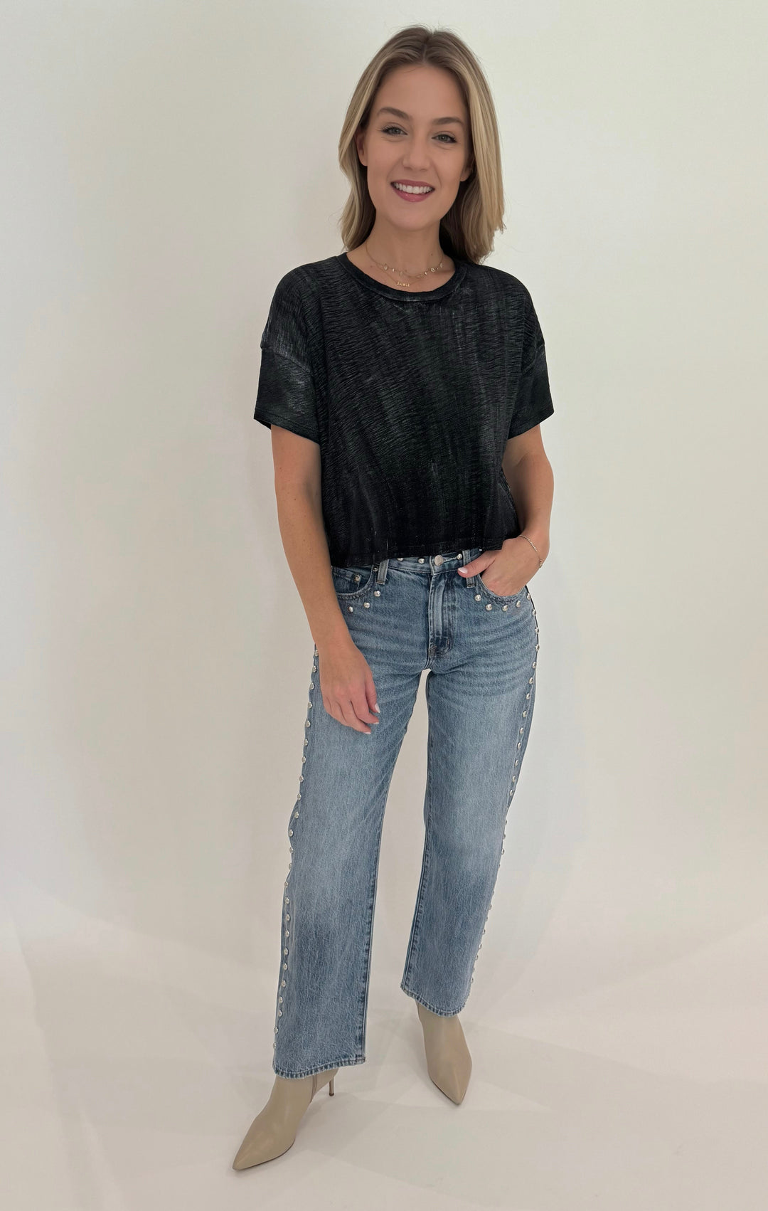 Goldie Metallic Sparkle Crop Tee in Black/Silver paired with Pistola Lexi Straight Jeans in Satellite available at Barbara Katz