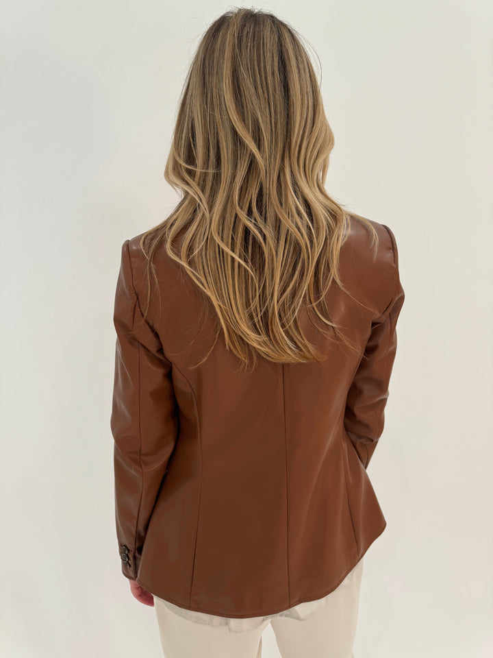 Marella Scout Semi-Fitted Jersey Vegan Leather Blazer in Tobacco available at Barbara Katz