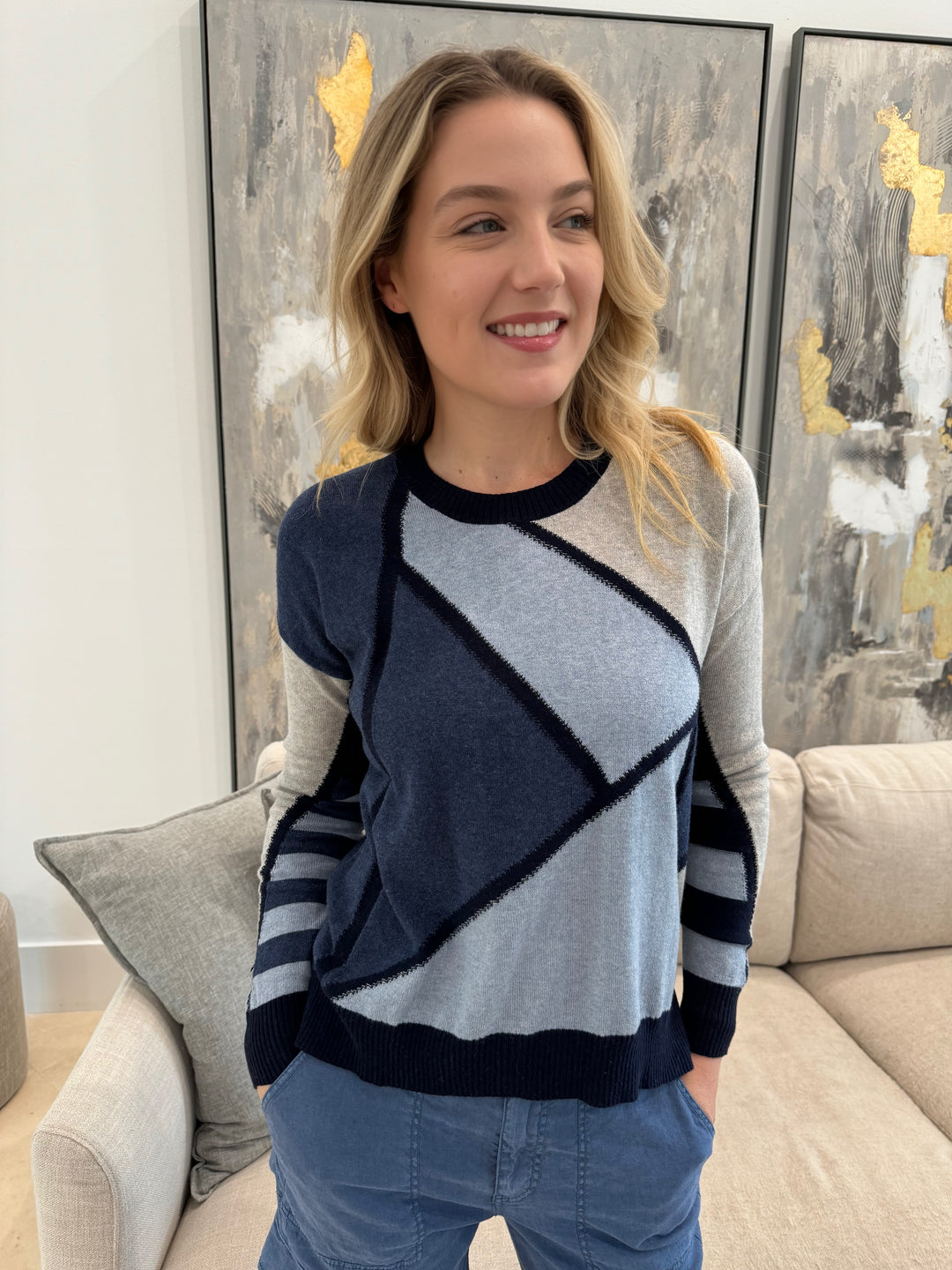 Zaket & Plover Mosaic Intarsia Sweater in Marine, made from soft cotton cashmere fabric, featuring geometric mosaic design, crew neckline, and long sleeves with stripes