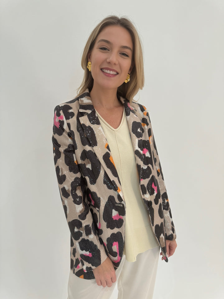 Vilagallo Andrea Sequin Jacket in Grey/Pink Leopard available at Barbara Katz