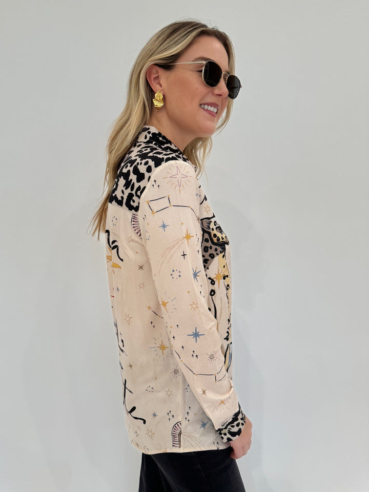 Oui Leopard Silky Long Sleeve Shirt Blouse paired with Le Specs Neptune Deux Sunglasses, Alexis Bittar Gold Crumpled Small Post Earrings - all available at Barbara Katz