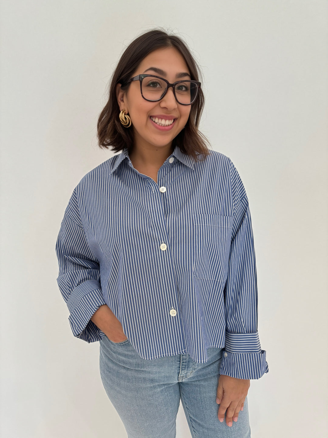 Repeat Button Down Stripe Blouse in Blue Stripe