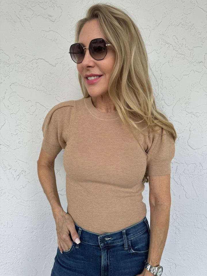 Marella Anfora Short-Sleeved Sweater in Camel, made from viscose-blend fabric, featuring rib-knit round neckline, short puff sleeves, rib-knit hem trims, and slim fit