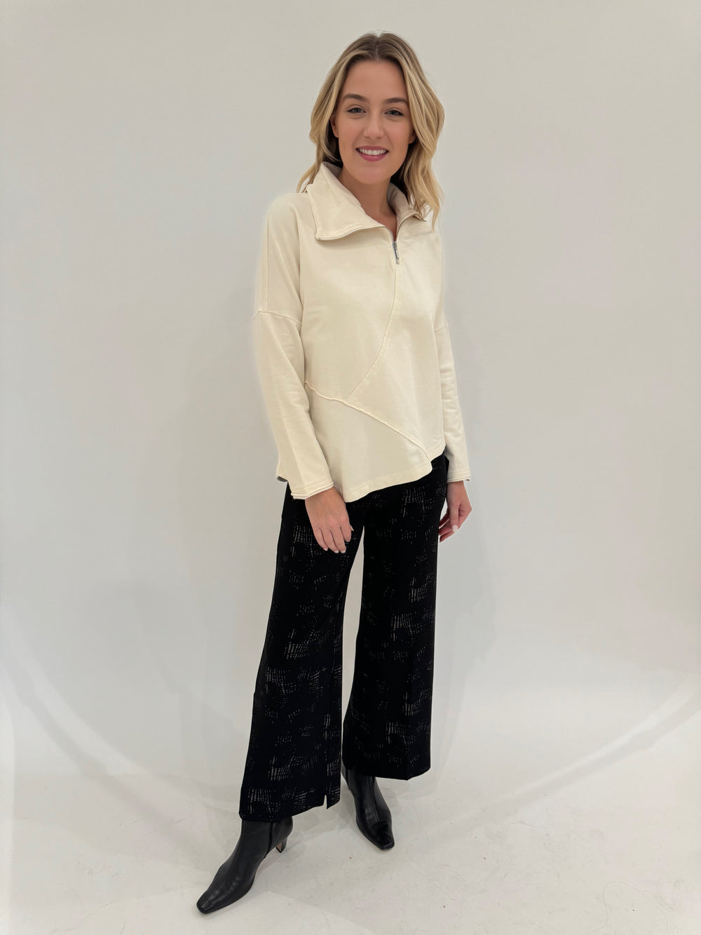 Lysse Genesis Stretch Woven Pants in Cosmic Ash LIV by Habitat Zip Seam Pullover Sweater in White available at Barbara Katz