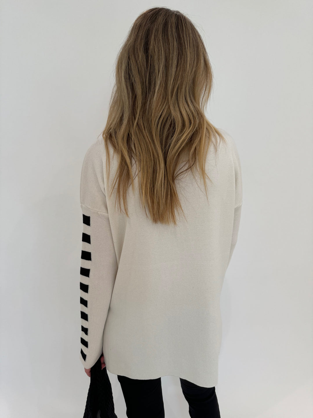 Barbara Katz Zip Up Jacket in Ivory With Black Stripes on Sleeves