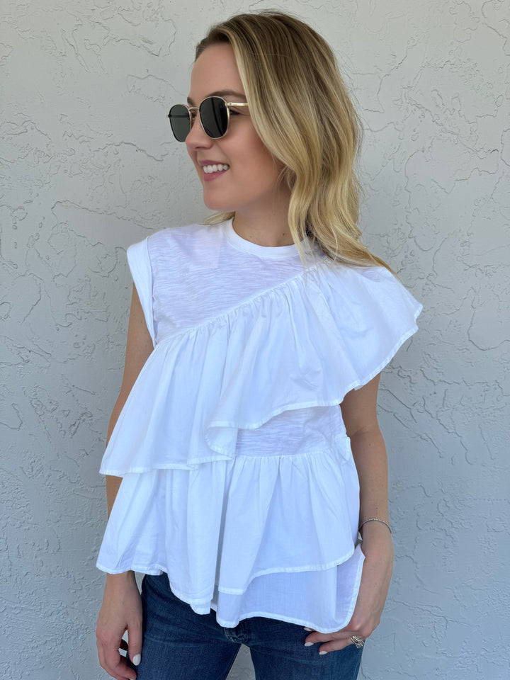 Cinq a Sept Micki Top in White, , made from soft heathered jersey fabric with playful bias poplin ruffles