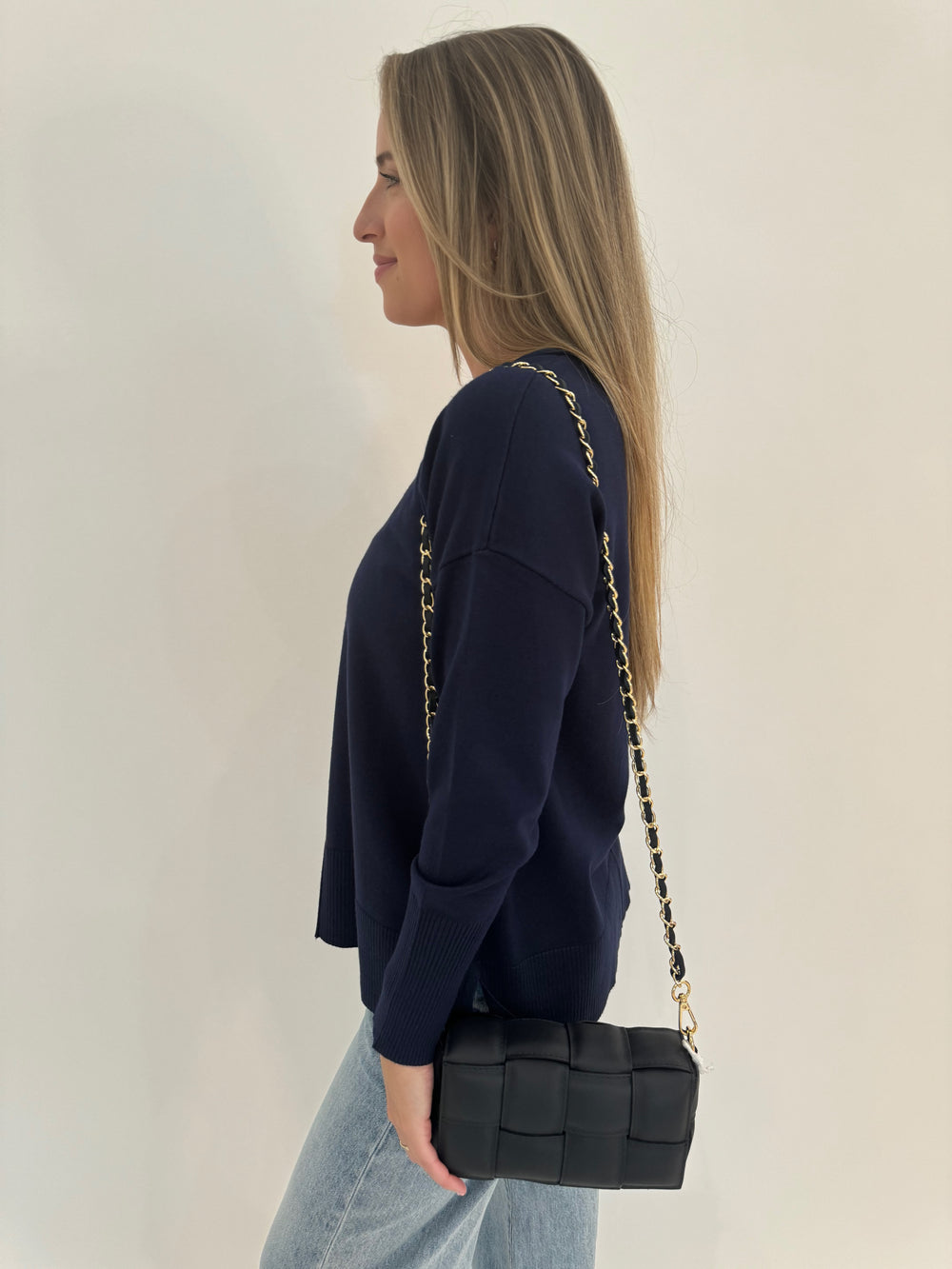 BK Selena Roll V-Neck Long Sleeve Sweater in Navy available at Barbara Katz