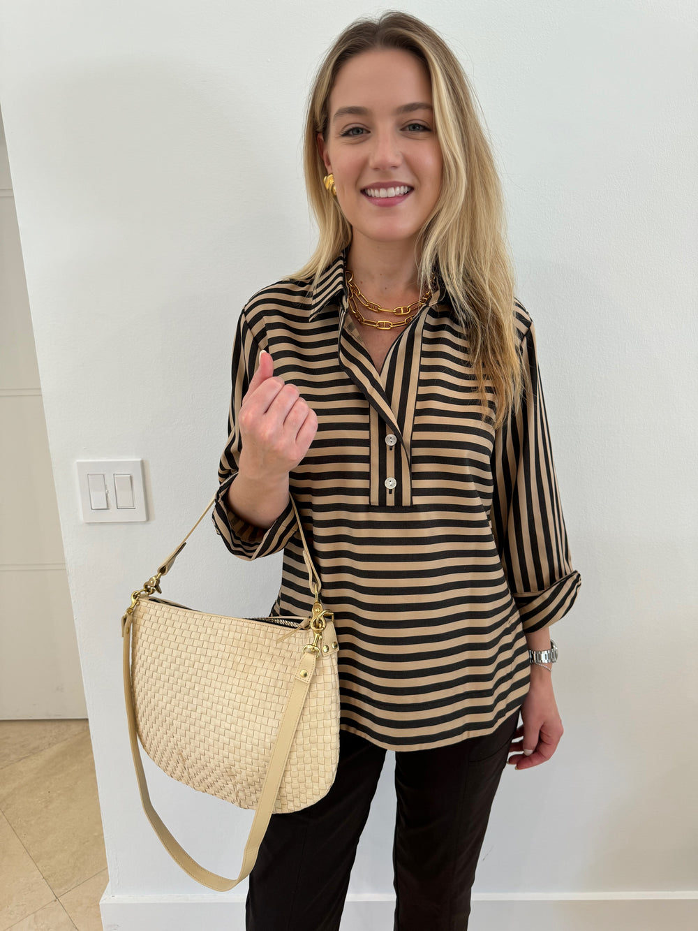 Hinson Wu Aileen 3/4 Sleeve Stripe/Gingham Combo Top in Latte/Black