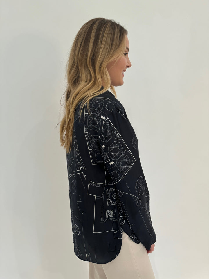 Max Mara Weekend Urna Silk Printed Long Sleeve Shirt in Midnight