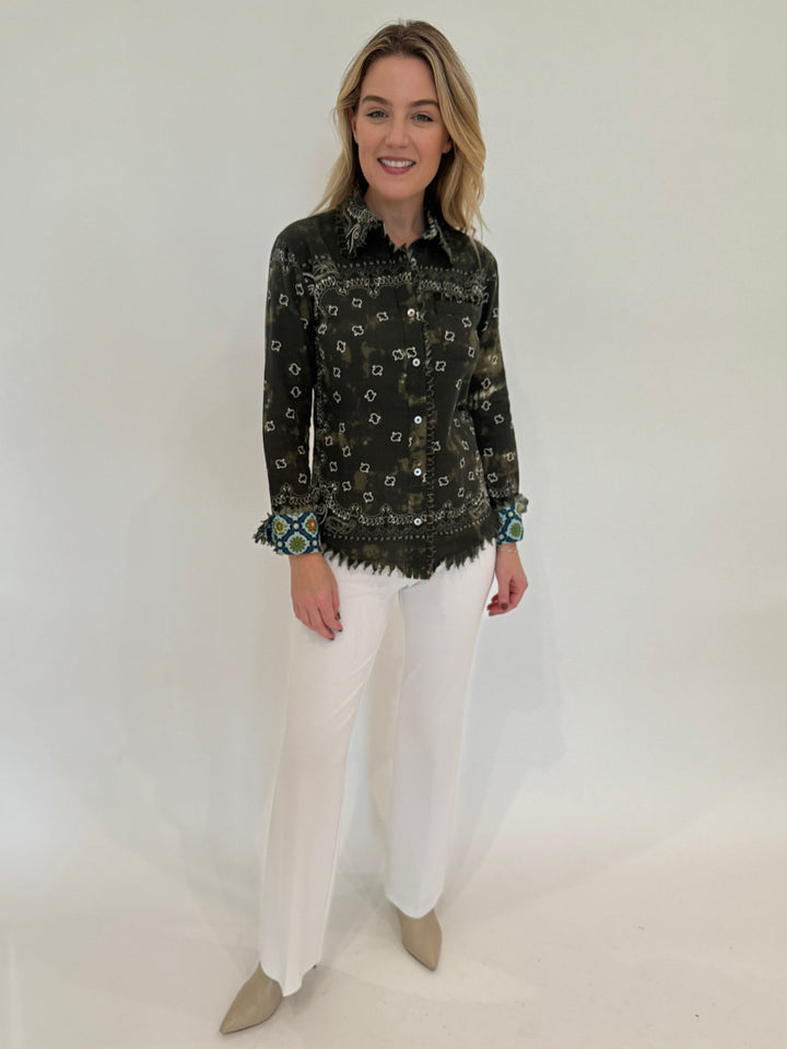 Dizzy-Lizzie Cape Cod Frayed Shirt Olive Green Bandana Print paired with White Pants available at Barbara Katz