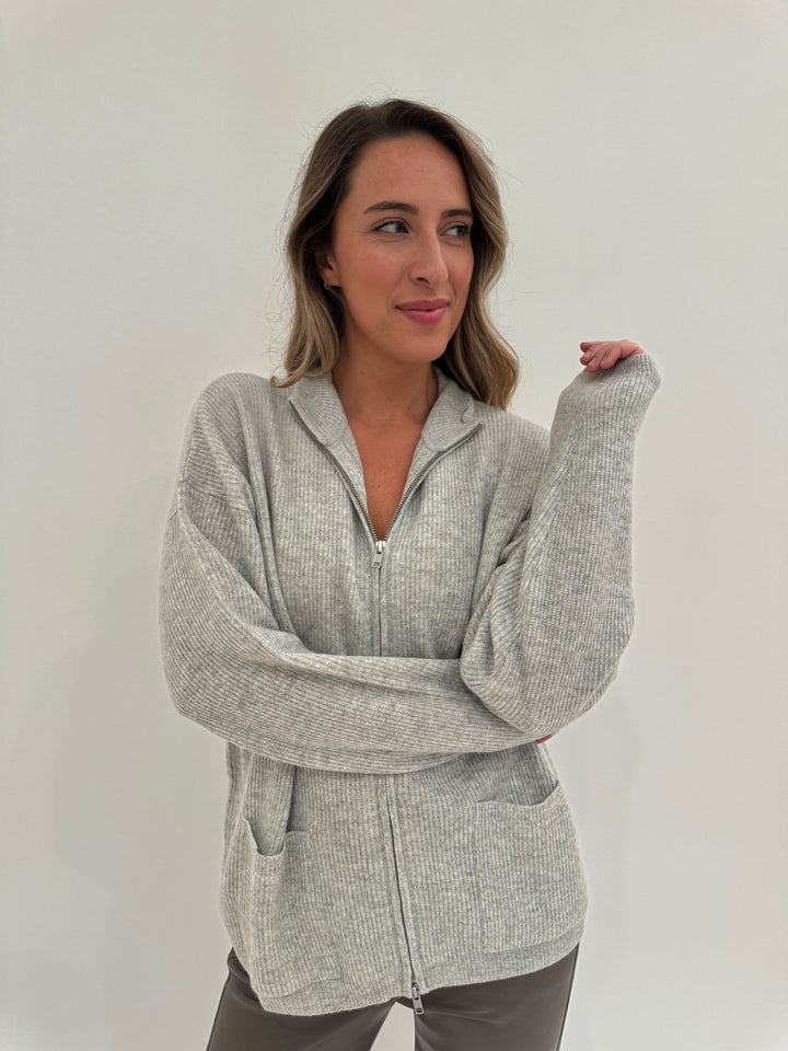 Colorush Ringo Rib Bomber Cardigan in Grey available at Barbara Katz