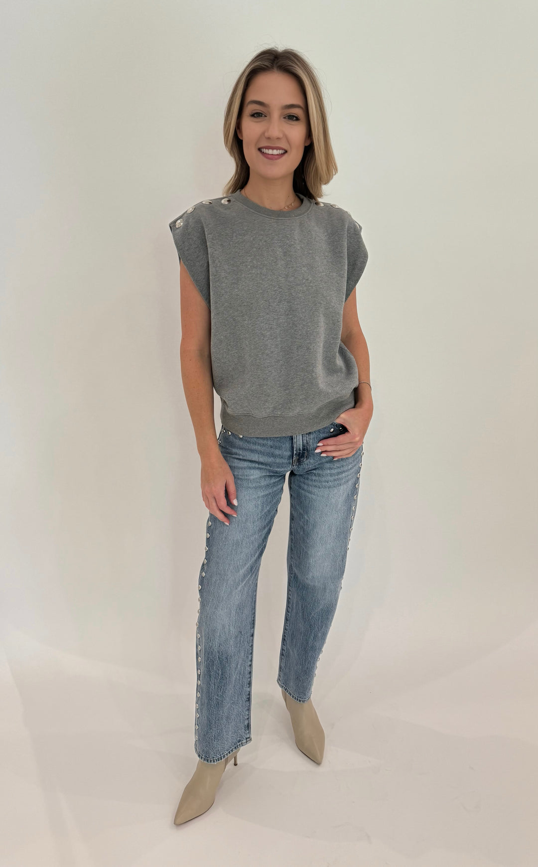 Clare V Le Vest in Grey With Studs paired with Pistola Lexi Mid Rise Bowed Straight Jeans in Satellite available at Barbara Katz