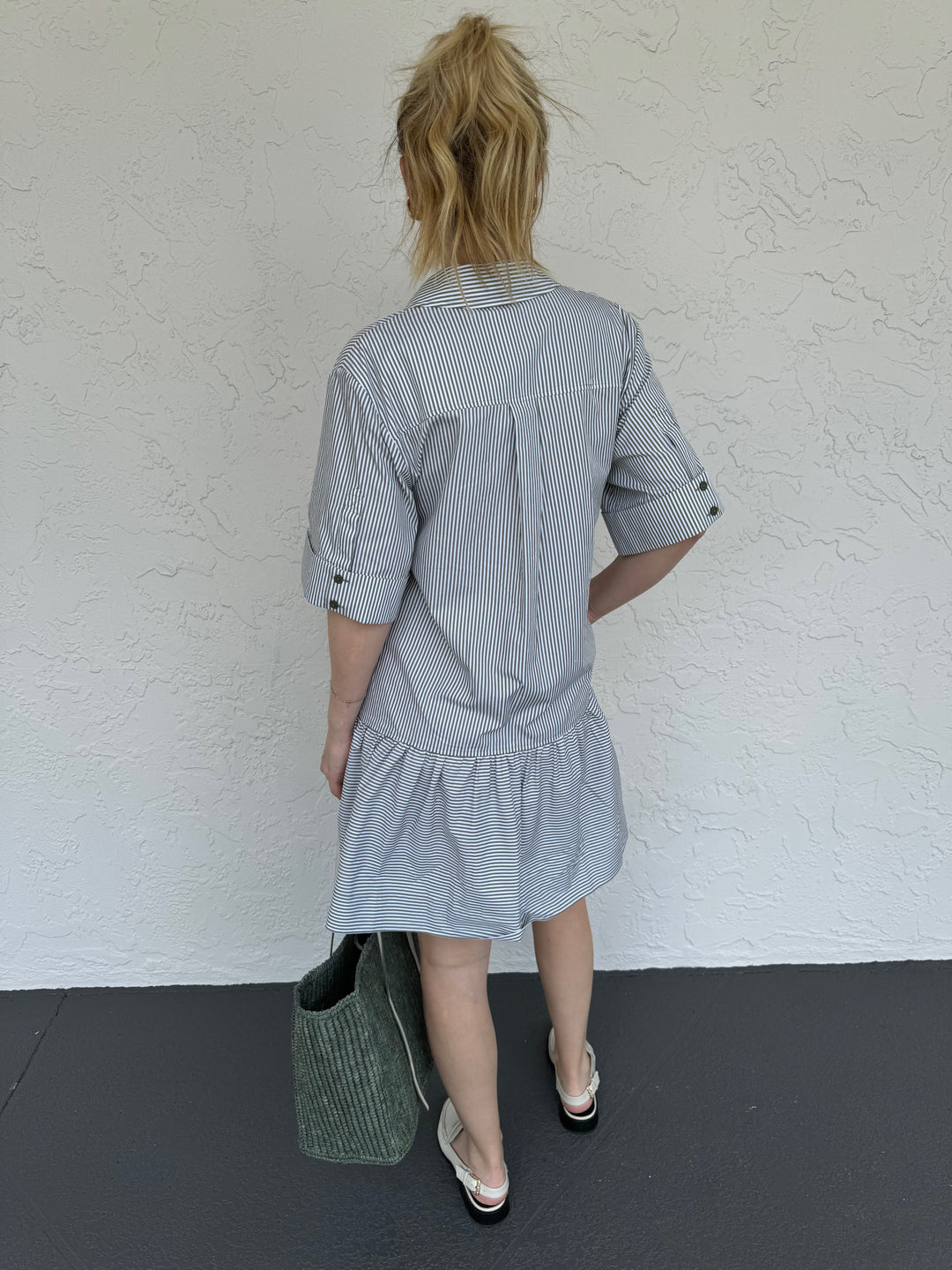 Simkhai Cris Short Sleeve Shirt Dress - Army Green Stripe