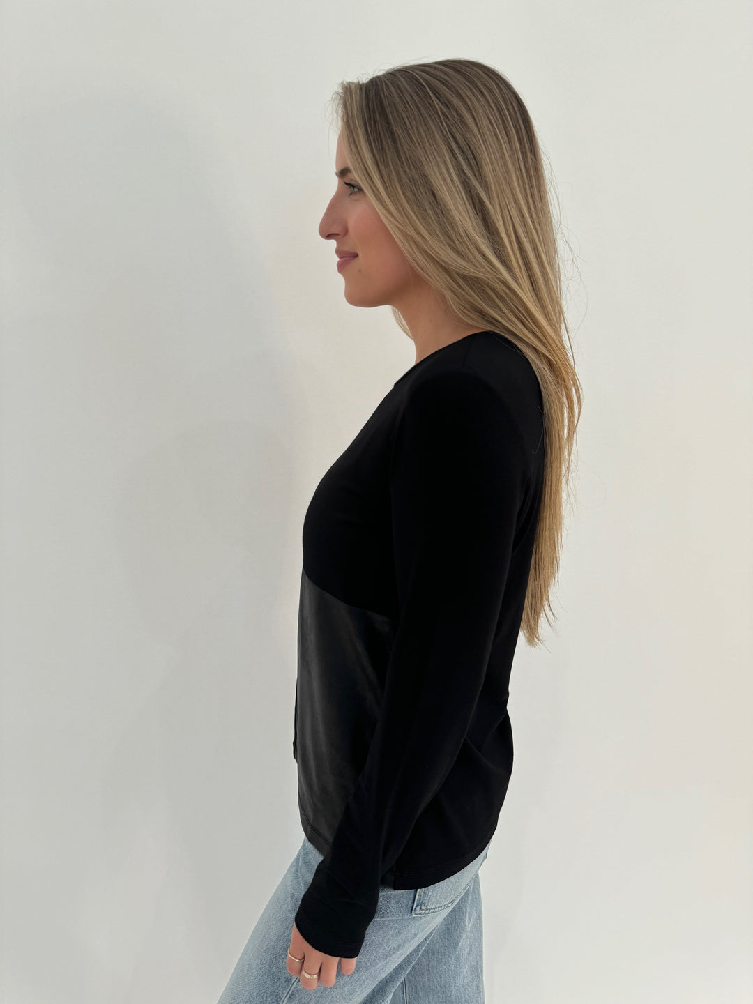 BK Sienna Suede & Vegan Leather Long Sleeve Tee in Black available at Barbara Katz