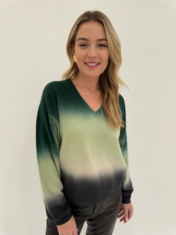 Colorush (CRUSH) Dip Dye Malibu V-Neck Sweater in Forest Dip Dye available at Barbara Katz