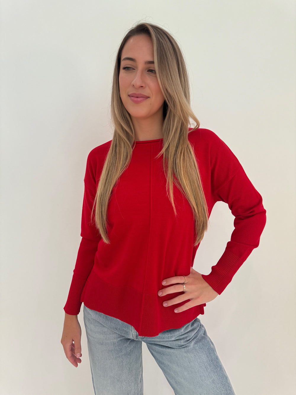 BK Stella Roll Crew Neck Long Sleeve Sweater in Warm Red available at Barbara Katz