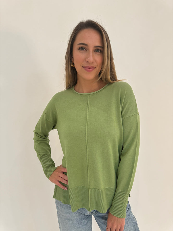 BK Stella Roll Crew Neck Sweater in Green Eyes available at Barbara Katz