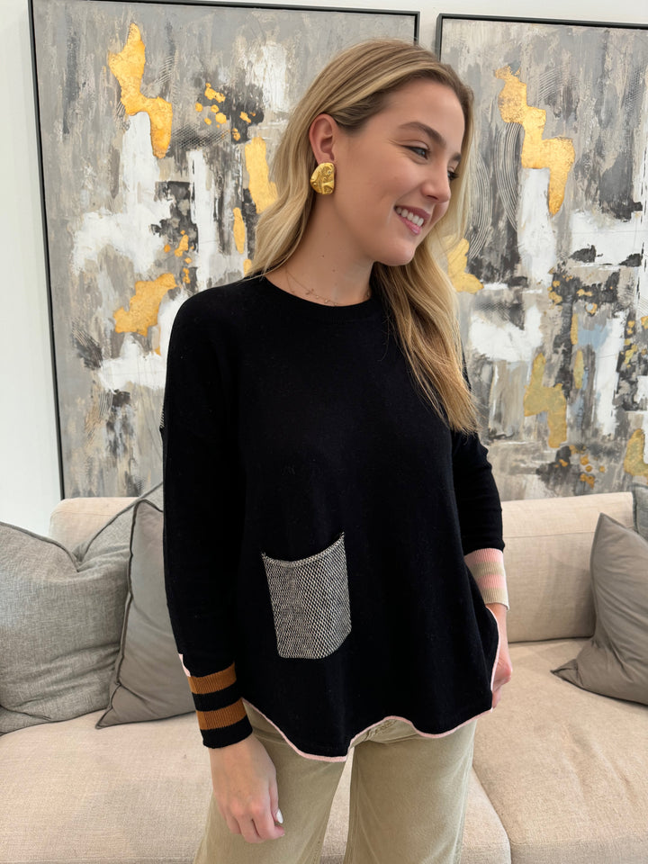 Zaket & Plover Birdseye Trim Crew Sweater in Black available at Barbara Katz