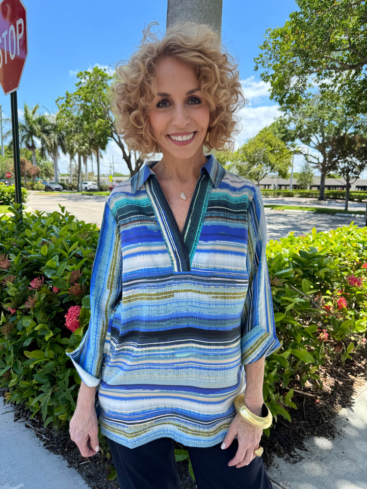 Hinson Wu Vicky 3/4 Sleeve Stripe Top in Blue Combo, 100% tencel shirt pullover style with split-v front placket, 3/4 sleeves, tunic length with side slits, and stripes pattern