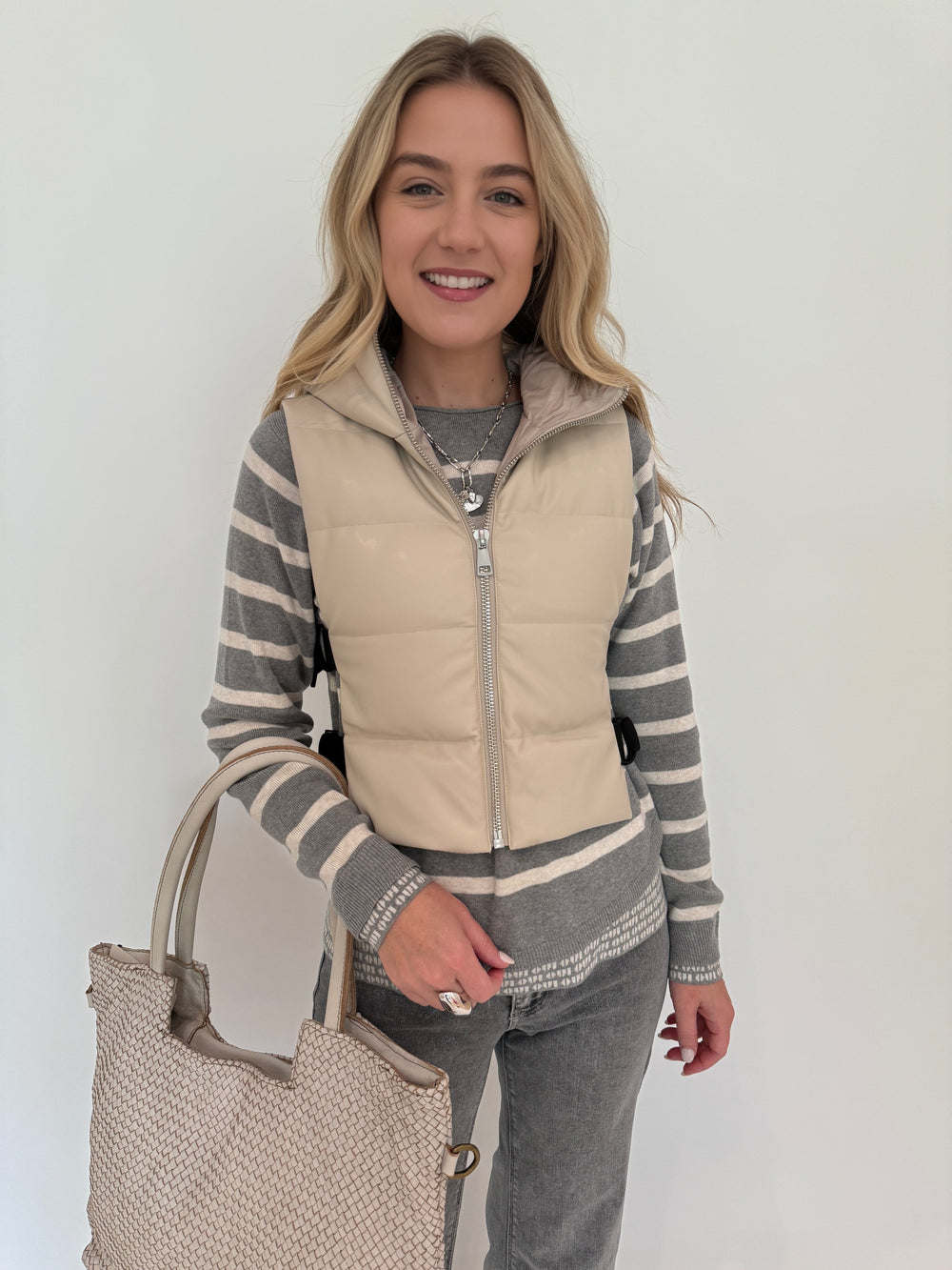 Adroit Atelier Lola Quilted Full Zip Vest in Oak with Oui Striped Sweater underneath available at Barbara Katz