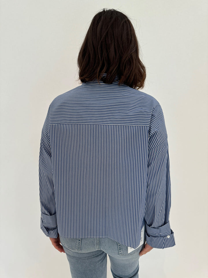 Repeat Button Down Stripe Blouse in Blue Stripes