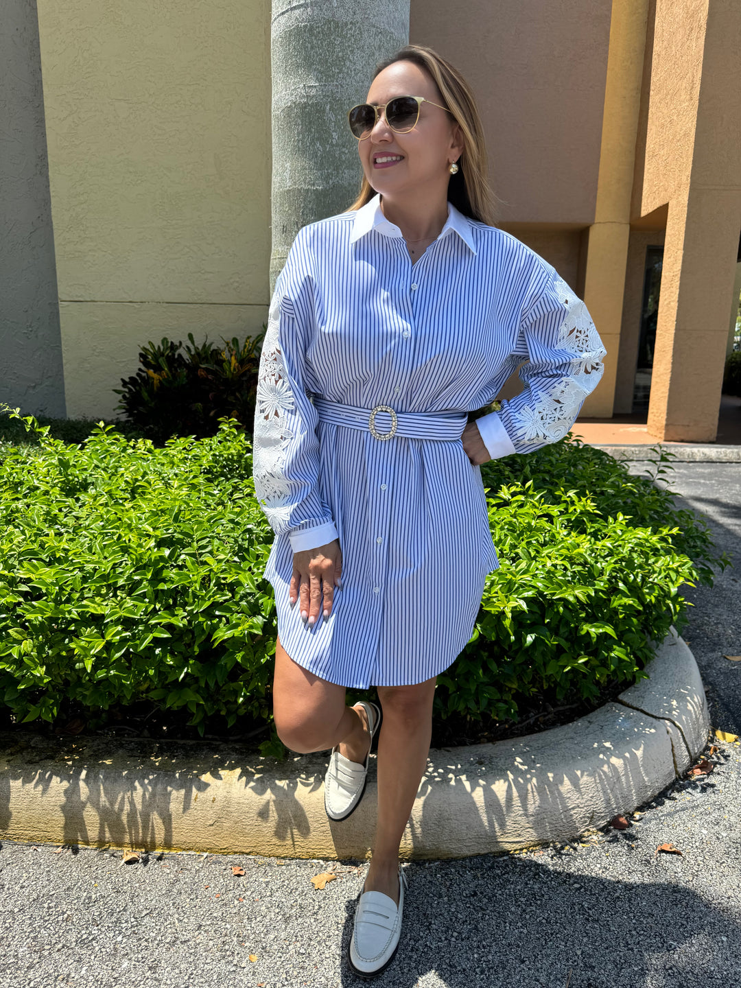 Generation Love Mabel Lace Combo Pinstripe Dress in Blue/White, button-up dress with long sleeves, sheer floral lace trim, posh pinstripe design, mini length, and belted waist